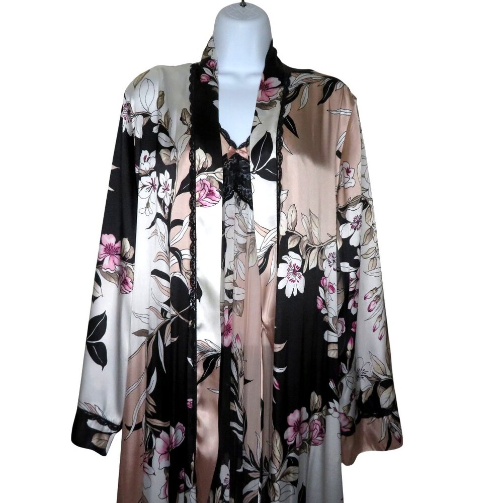 Linea Donatella Floral Chiffon Nightgown & Robe Set Lace Trim Black/Pink Medium